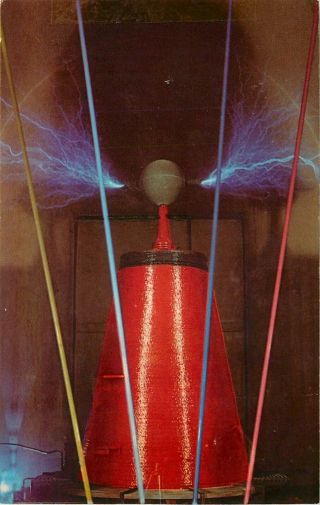 Vintage Postcard Huge Tesla Coil Blue Sparks Griffith Observatory Los Angeles Ca