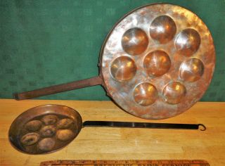 2 Vintage Aebleskiver Pan 13 & 7 " Hammered Copper Tin & Silver Plate Iron Handle