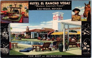 Las Vegas,  Nv Nevada El Rancho Vegas Hotel & Casino C1940s Linen Postcard