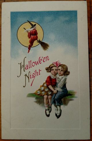 Vintage Unposted Frightened Girls Halloween Night,  Witch,  Postcard Winsch - Germany