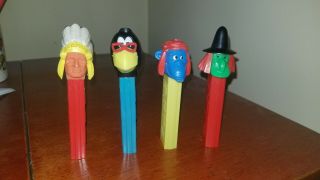 Vintage No Feet Pez Indian Chief,  Witch,  Female Monkey,  And Bird (crow?)