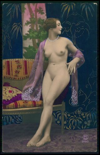 French Nude Woman Art Deco Pochoir 1920s Tinted Color Photo Postcard
