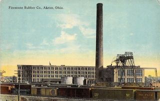 Akron Ohio C1910 Postcard Firestone Rubber Company Factory Smokestack Train Cars