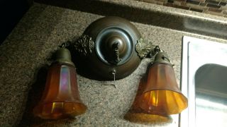 Antique Art Deco Copper Pan Arm Light Brass Ceiling Lamp Chandelier Amber Glass