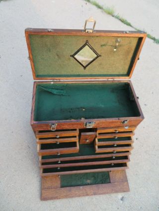 Vintage 1940 ' s GERSTNER Machinist Tool Box Oak Wood 11 Drawer w/Key 11