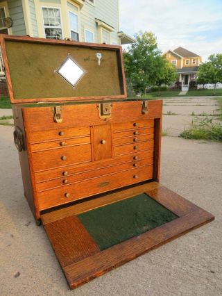 Vintage 1940 ' s GERSTNER Machinist Tool Box Oak Wood 11 Drawer w/Key 2