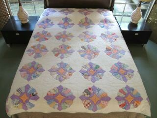 Needs Some Tlc: Vintage Hand Sewn Feed Sack Applique Dresden Plate Quilt; 83 " Sq