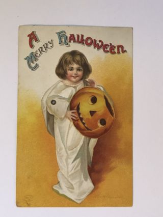 Vintage Halloween Mechanical Postcard Artist - Signed Clapsaddle Girl.  Jol C1910s