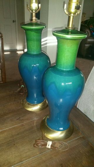 Vintage Blue Green Glazed Lamps,  Brass And Ceramic Haegar Lamps Style