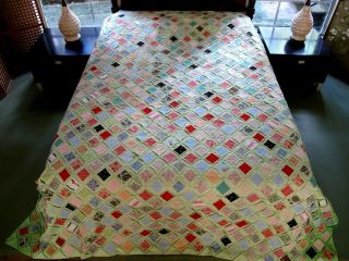 Needs Tlc: Vintage All Cotton Hand Sewn Cathedral Window Quilt; 100 " X 83 "