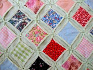 NEEDS TLC: Vintage All Cotton Hand Sewn CATHEDRAL WINDOW Quilt; 100 