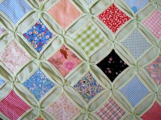 NEEDS TLC: Vintage All Cotton Hand Sewn CATHEDRAL WINDOW Quilt; 100 