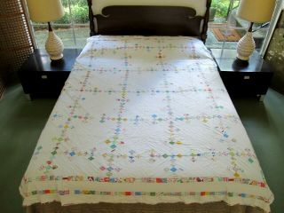 Washed Many Times Vintage Hand Sewn All Cotton Irish Chain Quilt,  83 " X 75 "