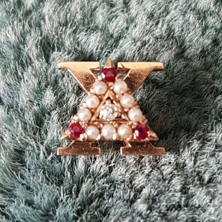 Vintage Delta Chi Fraternity 14k Gold Pearl Diamond Ruby Indiana Pin - Wow