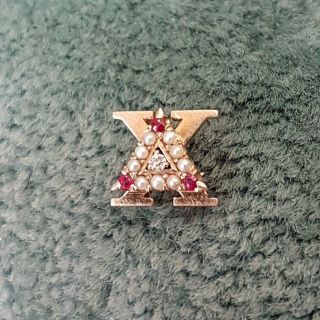 Vintage Delta Chi fraternity 14k gold pearl diamond ruby Indiana pin - Wow 3