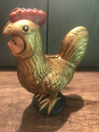 VTG Cast Iron Rooster Chicken Anthropomorphic Face Door Stop Figurine 6 - 1/2 