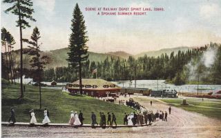 Train At Railway Depot Spirit Lake Idaho Spokane Summer Resort Postcard 1910 