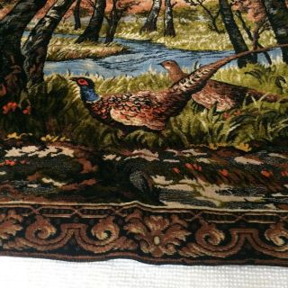 Vtg Tapestry Rug Wall Hanging Velour Pheasants Fringe 73x49 " Man Cave Hunt Cabin