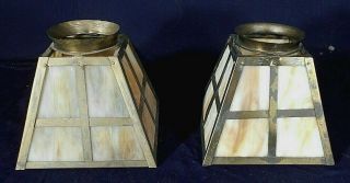 Vintage Arts & Crafts Mission Stained Slag Glass Brass Shades