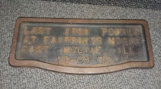 Rare Fairbanks Morse Train Mfg Iron Commemorative Plaque Closing Of Plant