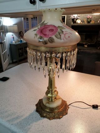 Antique Victorian Parlor Hurricane Lamp With Shade And Teardrop Prisms