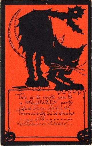 Halloween Postcard,  By Whitney George C.  Orange Card With Black Cat,  Invitation.