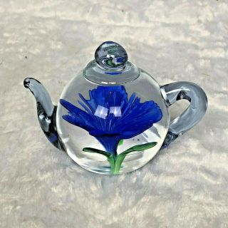 Dynasty Gallery Hierloom Collectibles Blue Flower Teapot Blown Glass Paperweight
