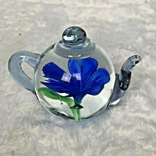 Dynasty Gallery Hierloom Collectibles Blue Flower Teapot Blown Glass Paperweight 2