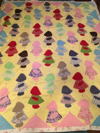 Vintage Little Dutch Girl Handmade Quilt Appliqued Blanket 89x90”