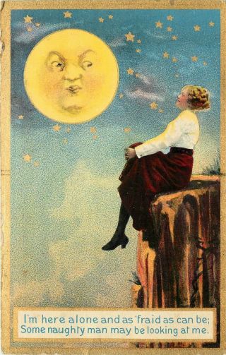 C1910 Postcard Naughty Man In The Moon Looking At Pretty Girl All Alone,  Posted
