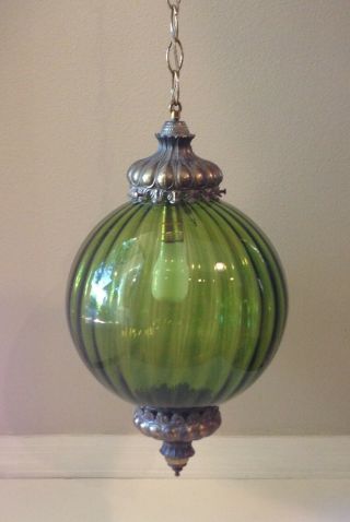 Vintage Green Glass Globe Hanging Chain Swag Lamp Mid Century Modern