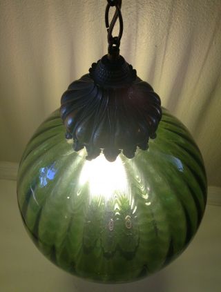 Vintage Green Glass Globe Hanging Chain Swag Lamp Mid Century Modern 5
