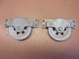 2 Vintage Small Galvanized Iron Pulleys Stamped 