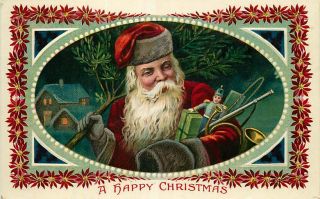 Gelatin Embossed Christmas Postcard Santa Claus W/ Toys & Tree - Circa 1908