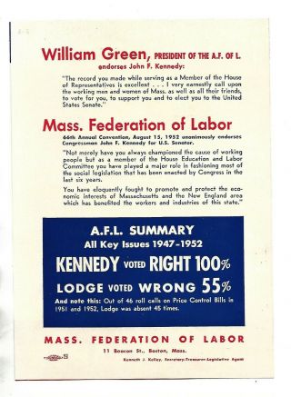 1952 John Kennedy For US Senate Friend Of Labor Handout 3