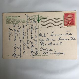 George Johnson Hanged By Mistake Tombstone Arizona Postmark 1953 Postcard