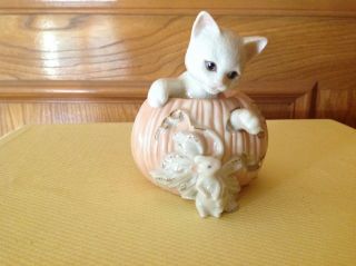 2000 Lenox Halloween Cat Kitten Pumpkin Jack O Lantern With Mouse Figurine W/box