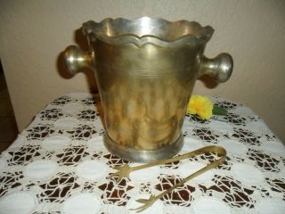 Large Vintage Heavy Brass Champagne Ice Bucket W/ Insert,  Matching Ice Tongs