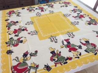 Vintage Tablecloth Black Americana Circa 1940’s Primary Colors