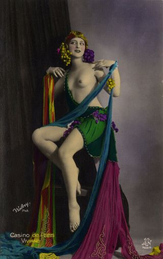 20s Nude French Rppc Real Photo Postcard Walery Hand Tinted Follies Girl Paris