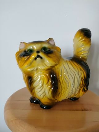 Vintage Chalkware Bank Statue,  Yellow&black Chubby Persian Cat,  Carnival Prize