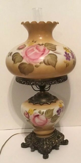 Vintage Gone With The Wind Jumbo Lamp Hand Painted Roses Electric Parlor Lamp