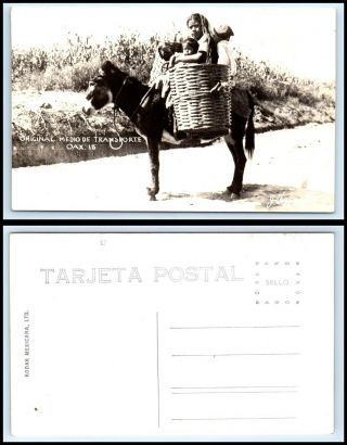 Mexico Postcard - Rppc - Transportation,  Mother W/ Children On Mule Y26