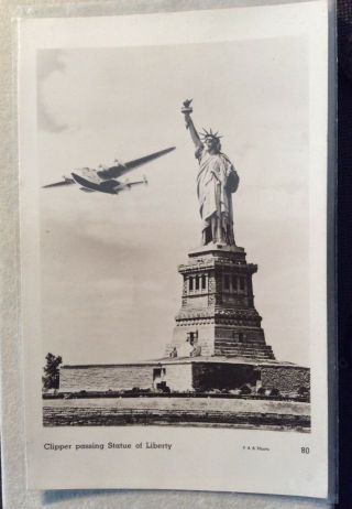 Rppc 1940s Black/white Clipper (airplane) Flying Past Statue Of Liberty