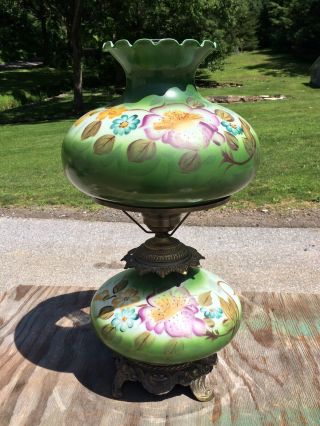 Huge Vintage Gone With The Wind Hurricane Parlor Lamp Large Hand Painted Flowers