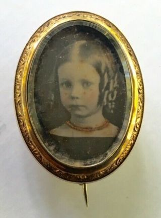 Daguerreotype Pin Young Girl With Ringlets & Tinted Coral Choker -