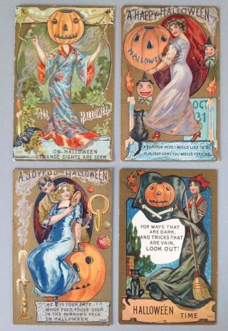Vintage Halloween Postcards (4) Series 552 - Women With Jack - O - Lanterns,  Gold