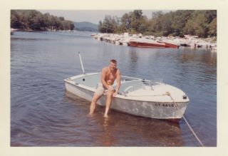 Vintage Photo Shirtless Muscle Man Posing On Row Boat In Lake Gay Int
