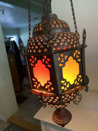 Vintage Pierced Brass Stain Glass Hanging Lamp Moroccan Turk Syrian