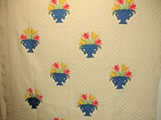 Q32 - Vintage Quilt,  Appliqued,  Tulip Pattern,  Hand Quilted,  74 X 68 In.